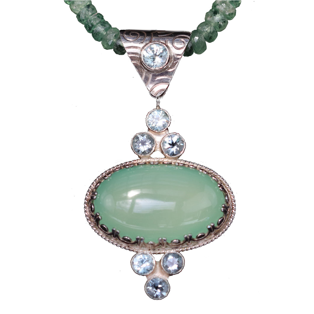 Green Chyrsoprase Blue Aquamarine with Beads:  One-of-a-kind in stock