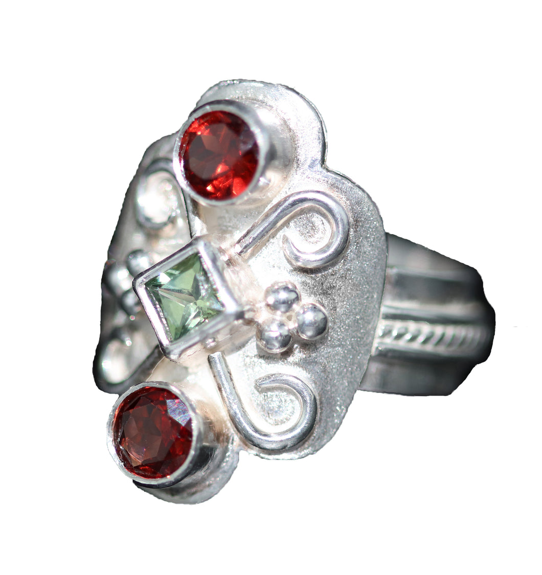 Green Sapphire Red Garnets Ring Size 7.5:  One-of-kind in stock